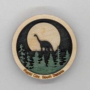 Custom wood magnet depicting Dinosaur Hill in Rapid City, SD