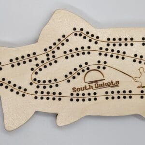 Custom trout shaped cribbage board with Soth Dakota text