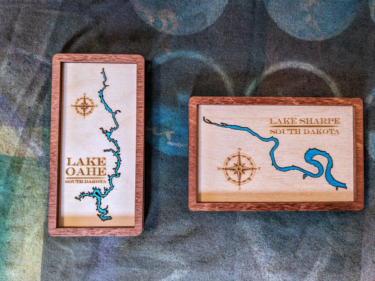 Custom wood magnets depicting Lake Oahe and Lake Sharpe of South Dakota