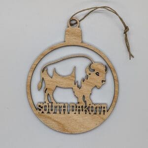 Custom lone bison wood ornament with South Dakota text