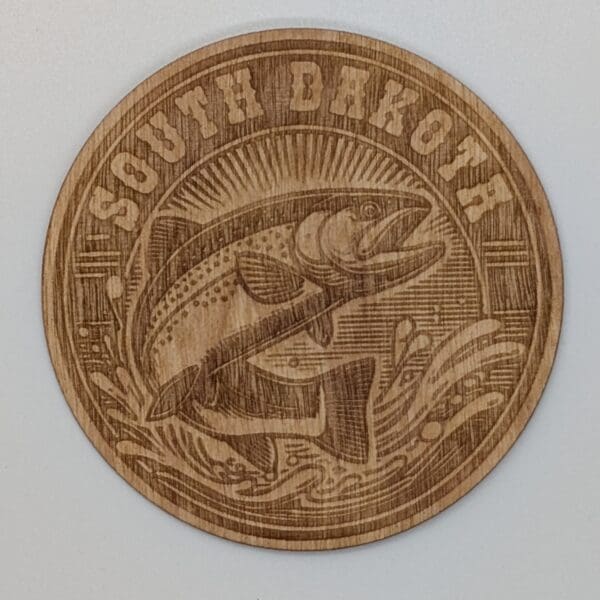 Custom wood sticker with a trout jumping out of the water with South Dakota text