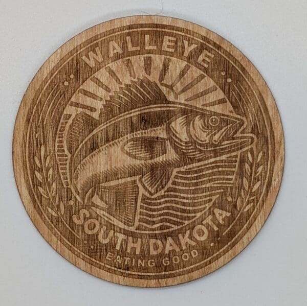 Custom wood sticker with a walleye and South Dakota eating good text