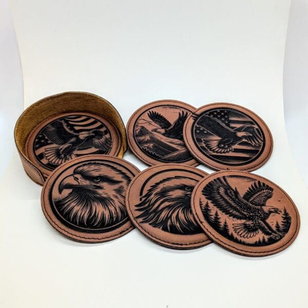 Leatherette coaster set showing multiple images of eagles and american flags