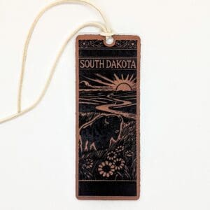 South Dakota leatherette bookmark with a bison and river background