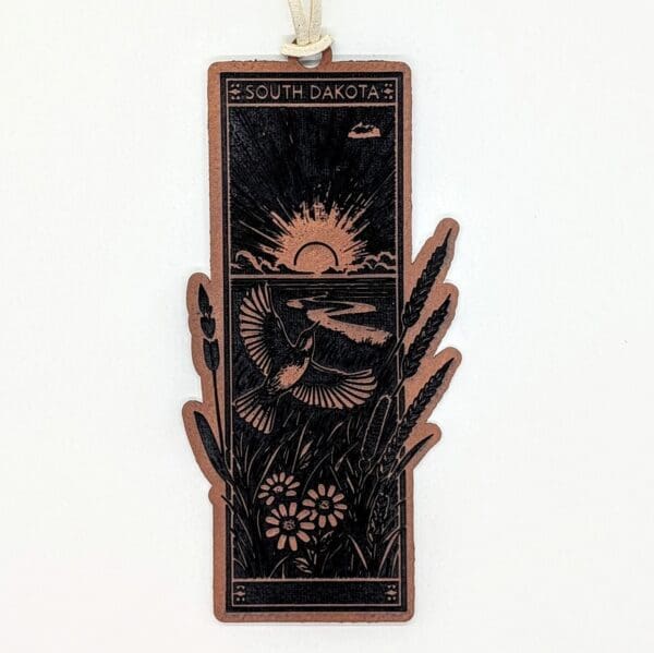 Leatherette bookmark with South Dakota and a meadowlark